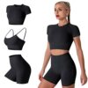 IMEKIS Damen 3 tlg Fitness Set Sport-BH mit Crop-Top und Shorts Nahtlose Yoga Kleidung Fitness Workout Outfit Frauen Slim Fit Sommer Biker Activewear Laufanzug TrainingsanzÃ¼ge